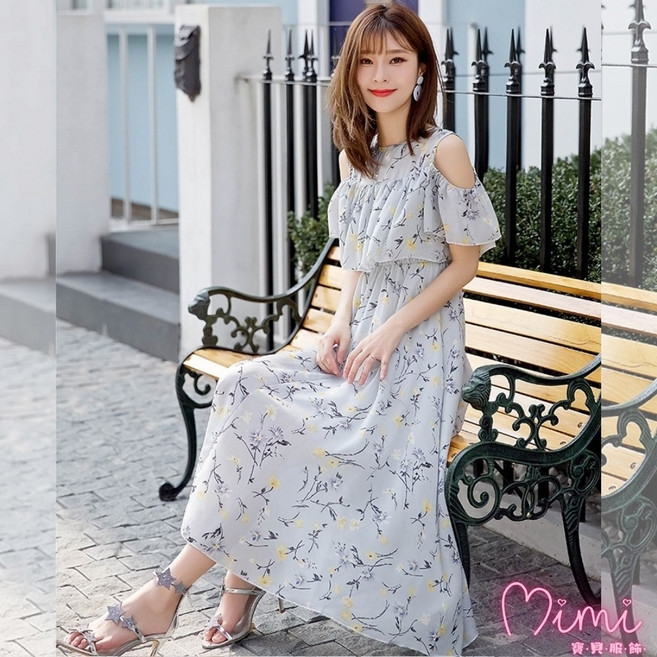 氣質仙女碎花雪紡連身洋裝, 灰色,Free Size