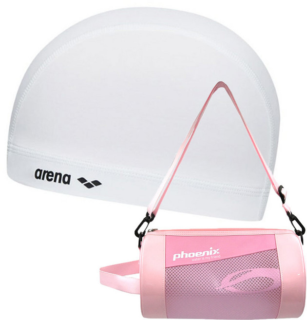 아레나 스판수모 + 피닉스 원형 수영 가방, 수모 WHT + 원형 수영 가방 PNK