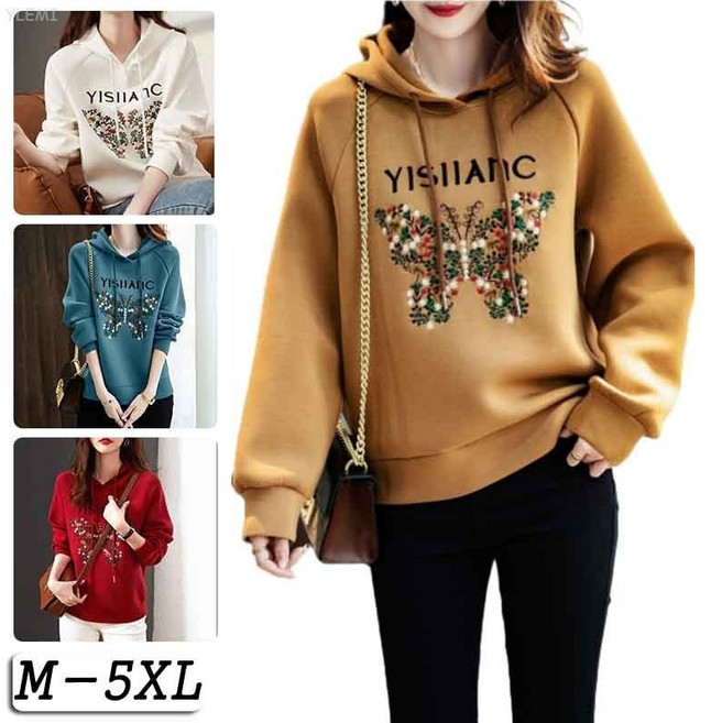 YLEMI 여성 봄가을 후드 긴팔 티셔츠 루즈핏 나비 자수 후드 맨투맨