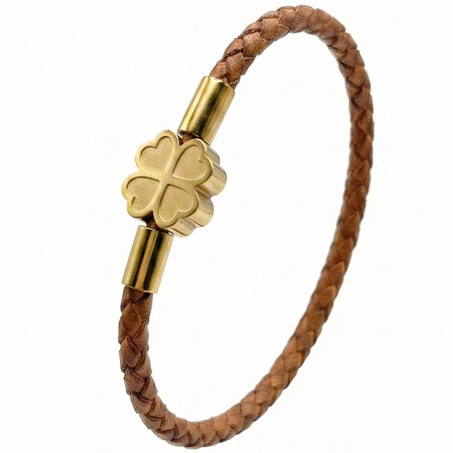[써지컬 스틸] 미국 아마존 2년 연속 스테디 셀러 르포렘 천연가죽 18K금도금 클로버 핸드메이드 미니멀 남자팔찌 여자팔찌 커플팔찌 남자친구 여자친구 선물