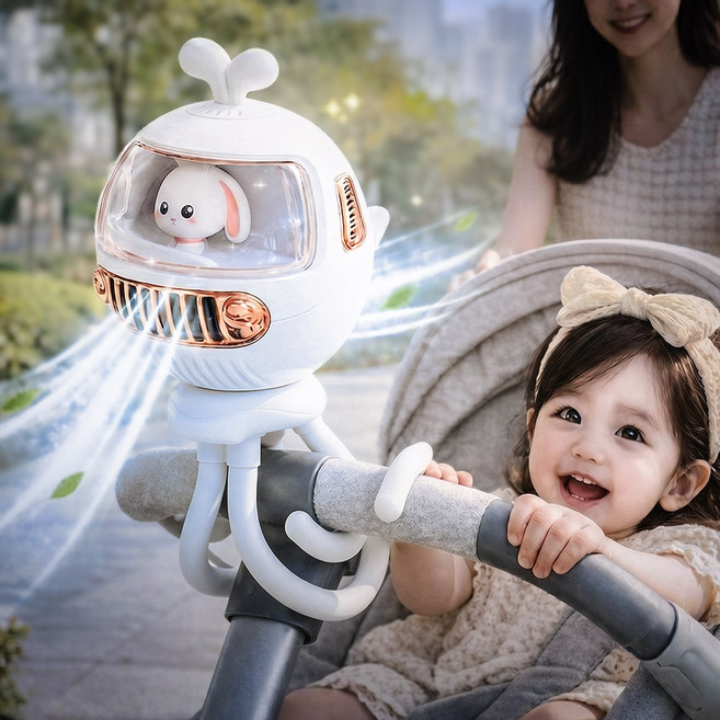 히온 문어발선풍기 벨루가 고래 캐릭터 대용량 배터리 저소음 무선, 화이트, 유모차선풍기