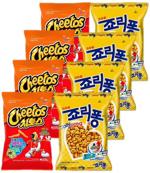 롯데 크라운 스낵모음 치토스 바베큐 82gx4개+죠리퐁 74gx4개 (총8개), 1세트, 624g
