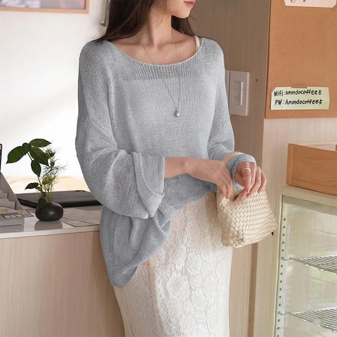 데일리앤 린프 여리여리 그물 시스루 봄 여름 얇은 레이어드 긴팔 루즈핏 니트 티