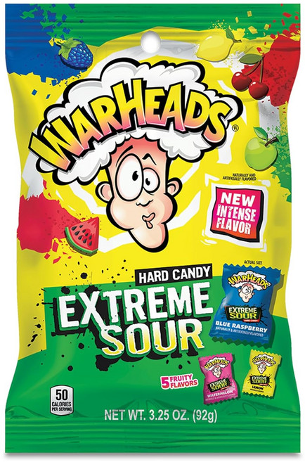 WARHEADS - 극도로 신 딱딱한 사탕 - 다양한 맛 - 신 사과 블랙 체리 블루 라즈베리 레몬 및 수박 맛 - 2 온스. 가방, 92g, 1개