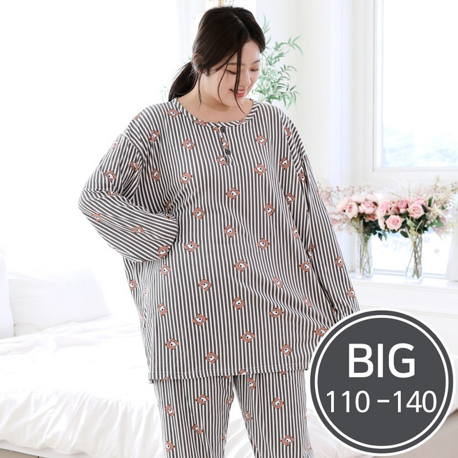 빅사이즈 남여공용 써모피치 라인베어 잠옷세트