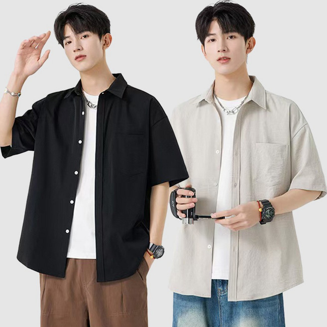 테크비 1+1 남성용 반팔 링클프리 오버핏 무지 남방