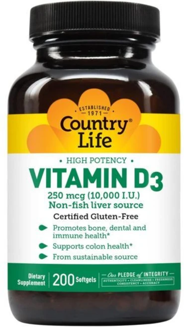 비타민D 컨트리 라이프 비타민 D3 비생선 10000 U 소프트젤 200개 글루텐 프리 인증, 200 Count (Pack of 1), 1개 - 쿠팡