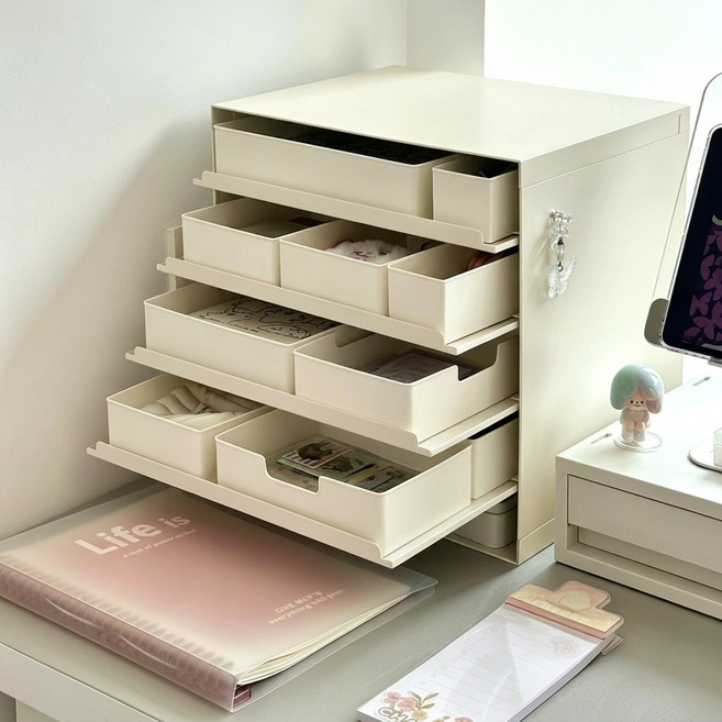 SeekFun 철제 서류 정리함 사무실 A4 문서 정리 데스크 메이크업 렌즈 네일 액세서리 문구 분류 수납함, 4단, 베이지