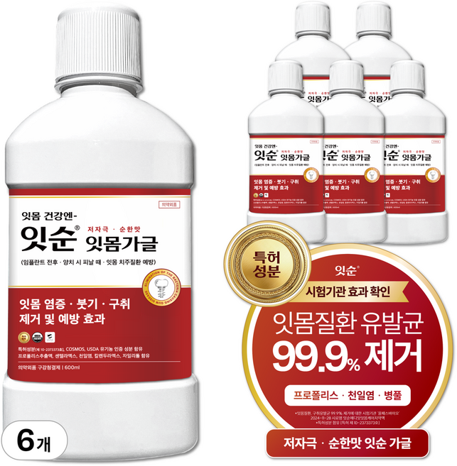 잇순 잇몸붓기 염증 예방 특허성분 입냄새제거 프로폴리스 천일염 병풀 구강청결제, 6개, 500ml