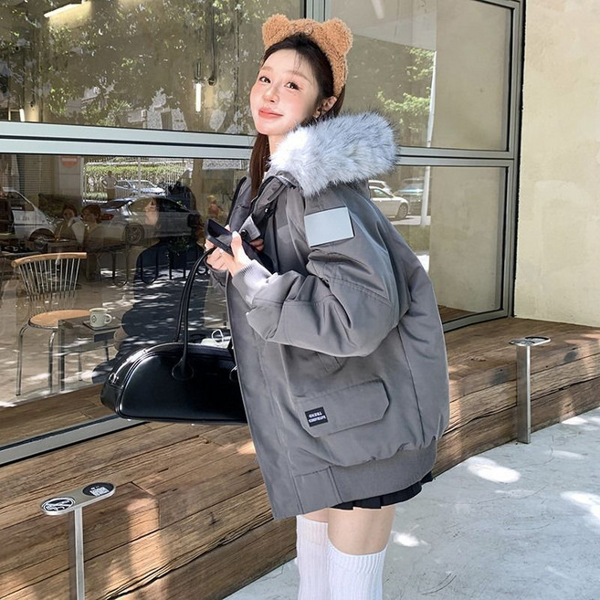 ANYOU 패딩녀 겨울 아메리칸 카고 패딩 도톰한 패딩 한국판 루즈핏 패딩 코트 퍼 칼라