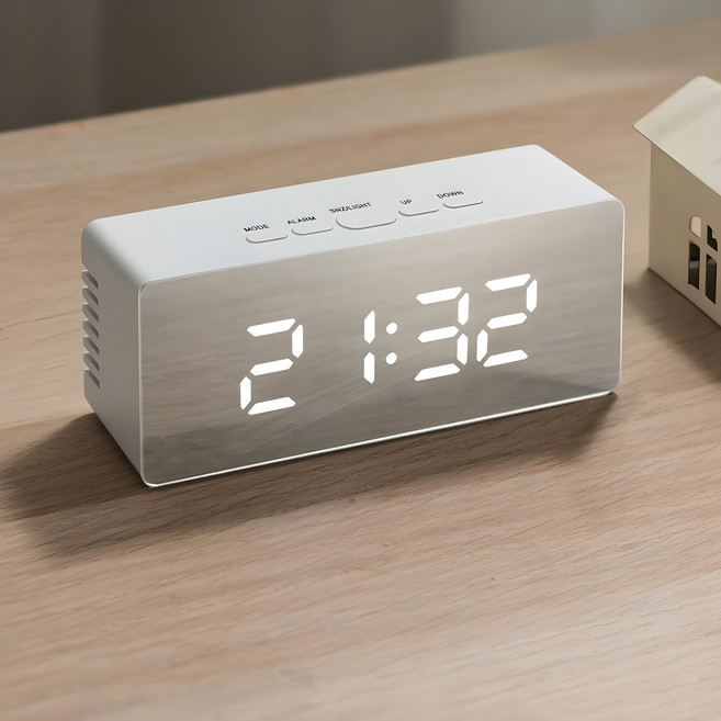 레토 미러 LED 알람 탁상시계, 화이트