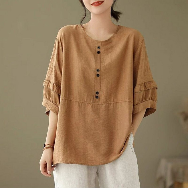 Makone 여성 루즈핏 반소매 블라우스 여름 빅사이즈 면마 라운드넥 린넨 반팔 티셔츠 솔리드