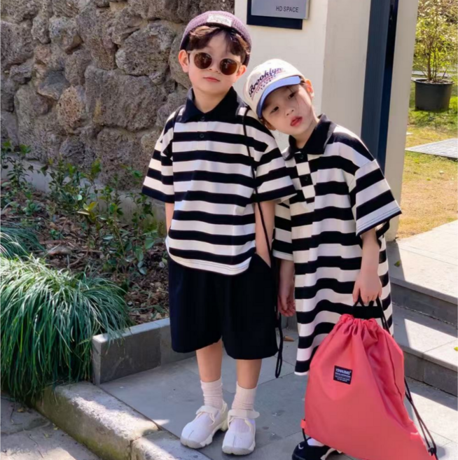 하와즈 매쉬스트라이프 폴로 티셔츠 5부팬츠+ 스트라이프 폴로 원피스 형제룩 YX