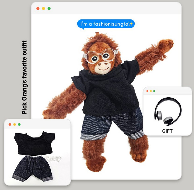 로앤제이 미니 오랑우탄 인형 키링 의상 착장 세트, 2. 베이직티블랙+진청팬츠+투명뿔테안경, 1개