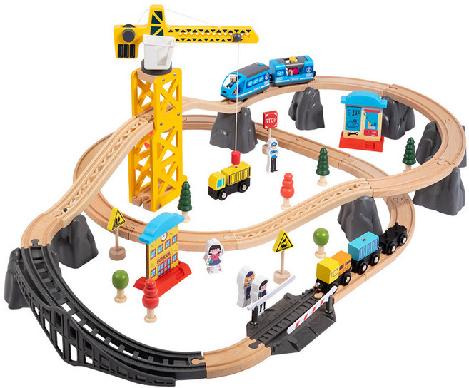 磁性小火車頭木質托馬斯電動軌道火車軌道交通玩具兒童益智趣味, 1個, 76件吊塔軌道玩具2.3KG