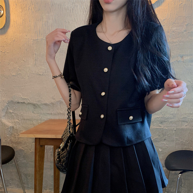 여성 반팔 트위드 자켓 빅사이즈 여름 라운드넥 슬림핏 루즈핏 상의 캐주얼 크롭 자켓 가을봄 소향풍 크롭 진주 단추 장식 캐주얼 자켓