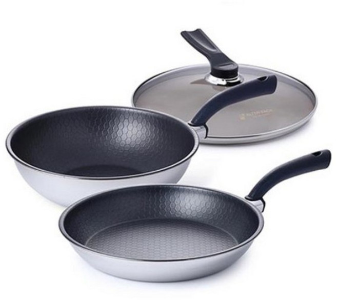 알텐바흐 인덕션 헥사 통5중 스텐 프라이팬 웍 세트 3개, 혼합 색상_스테인리스, 프라이팬30cm+궁중팬30cm+유리커버30cm, 1세트