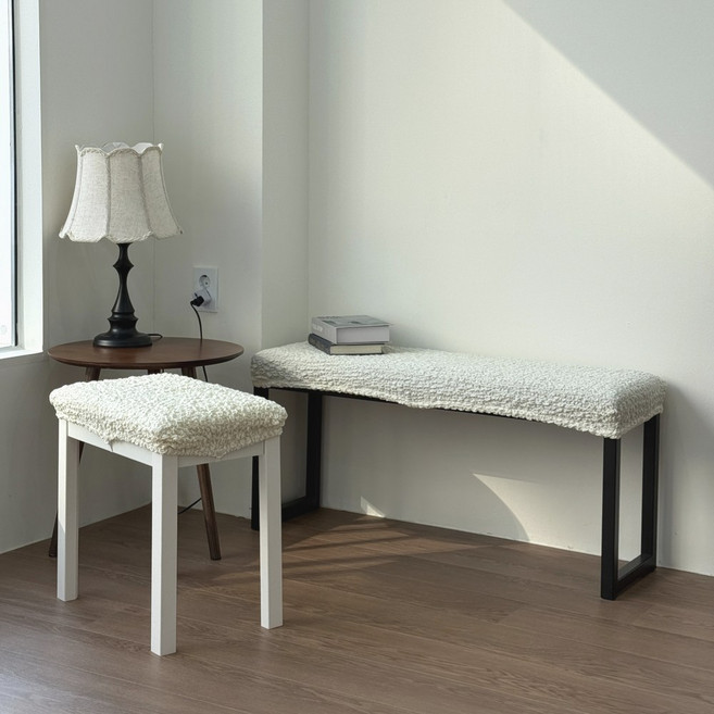 [쭉 늘어나는] 커버무드 링클 벤치형 긴의자 커버, 크림, 1개