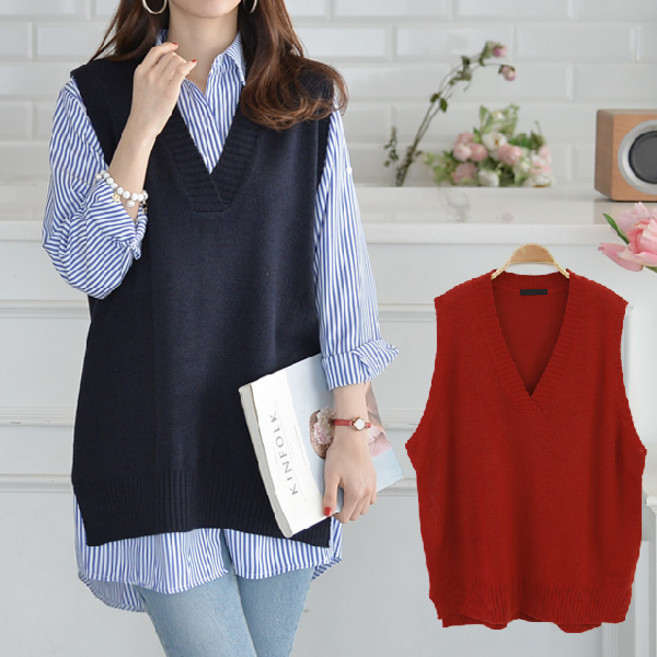 마이쏭 여성 루즈핏 빅사이즈 니트조끼 롱조끼 피노겹V니트베스트