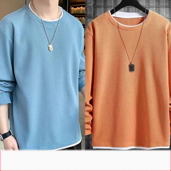 1+1 남성 긴팔 티셔츠 봄 가을 남자 빅사이즈 와플 라운드넥 긴팔티 캐주얼 긴팔 상의 XHR