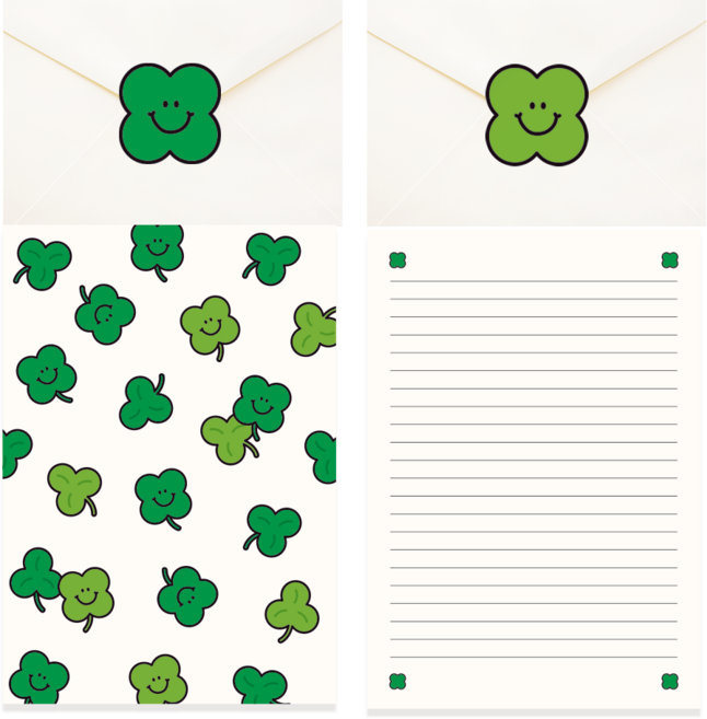 포포샵 귀여운 편지지 4p + 편지봉투 4p + 스티커 4p 세트, 1팩, 클로버