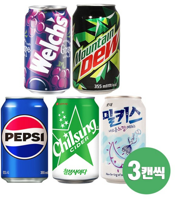 웰치 마운틴듀 펩시 칠성사이다 밀키스 뚱캔 음료 세트 350ml 355ml