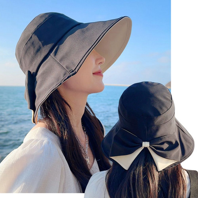 여성 여름 보우 리본 자외선차단모자 여행 얼굴햇빛가리개 버킷햇 데일리 캐주얼 UV 썬캡 물놀이 바캉스 사이즈조절 챙넓은 턱끈 봄 가을 선물