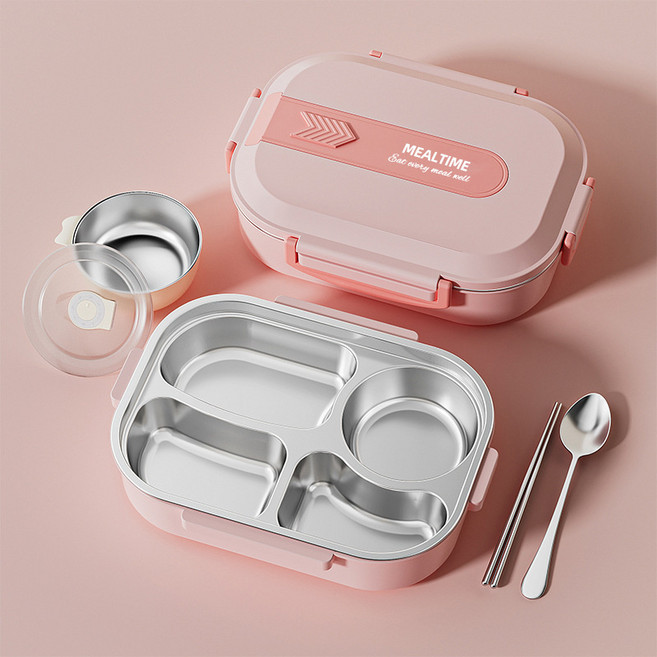 飯盒304不鏽鋼餐盒學生上班族便當盒微波加熱食堂便攜分格午餐盒, 1個, 珊瑚粉4格碗款:加餐具加保溫袋