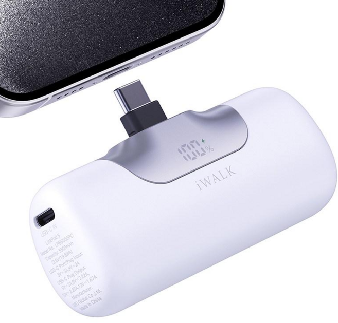 아이워크 iWALK 도킹형 미니 보조배터리 PD 22.5W 초고속충전 5500mAh C타입 일체형 아이폰 갤럭시 휴대용 LED잔량표시, 화이트