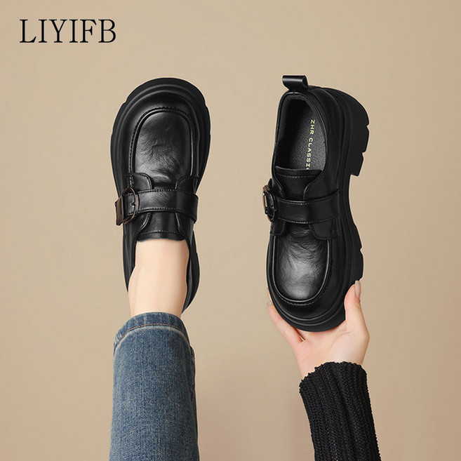 LIYIFB 양가죽 버클 여성 통굽 로퍼 5cm 발편한 여성구두