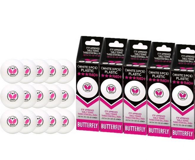 버터플라이 R40+ 3스타볼(시합구) 3개입 5세트, 백색, 1개, 15개입