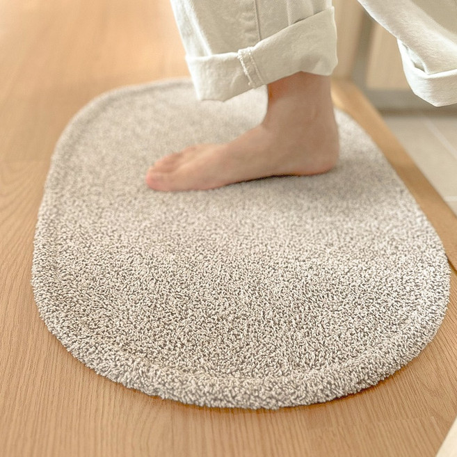 [국산] 세탁가능 다용도 발매트 타원형 욕실 주방 발매트, 카키 브라운