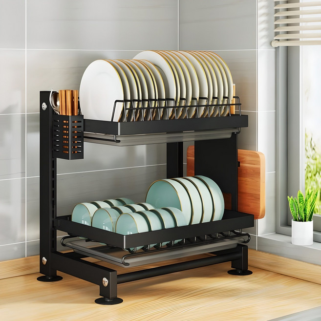 ELSECHO 2단/3단 주방 프리미엄 식기건조대 싱크대 설거지 정리대, 2단, 블랙, 1개