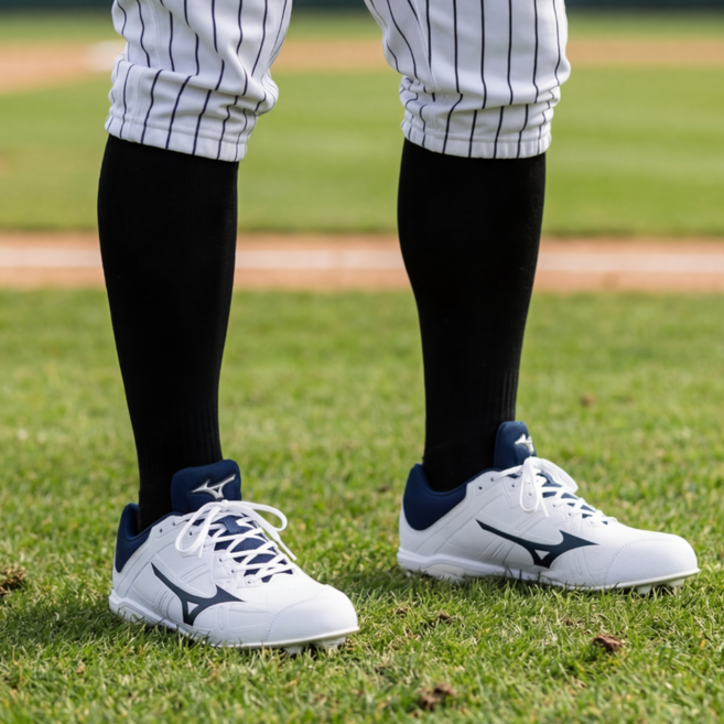 미즈노 버디 일체형 스파이크 야구화 징 필드 내야 외야 잔디 그라운드 야구부 성인용 화이트 네이비