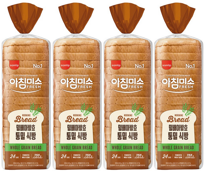 삼립 간식 아침미소 밀배아 발효 통밀 식빵 토스트 샌드위치, 4개, 755g