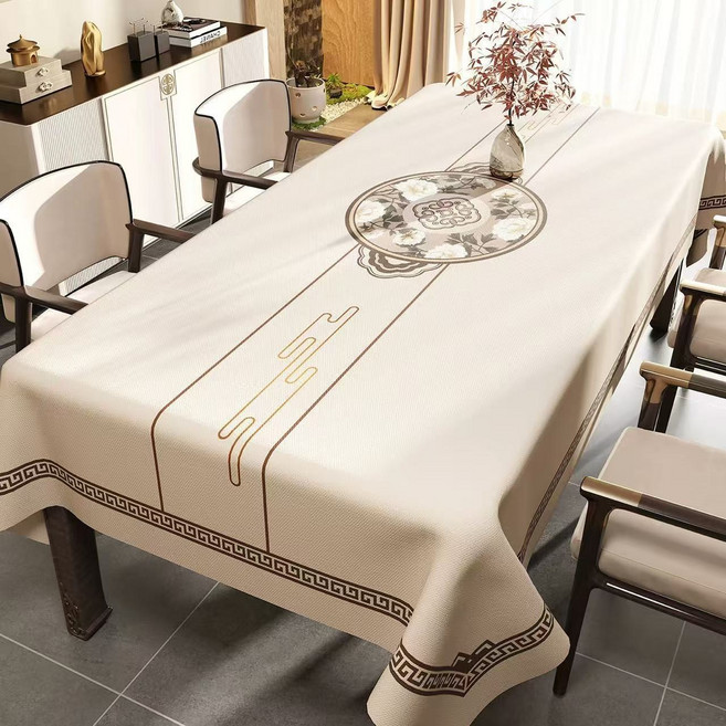 桌布國風新中式防水防油免洗長方形餐桌布輕奢高級感2026新款檯布, 1個, 100*160cm, 荼色吞雲