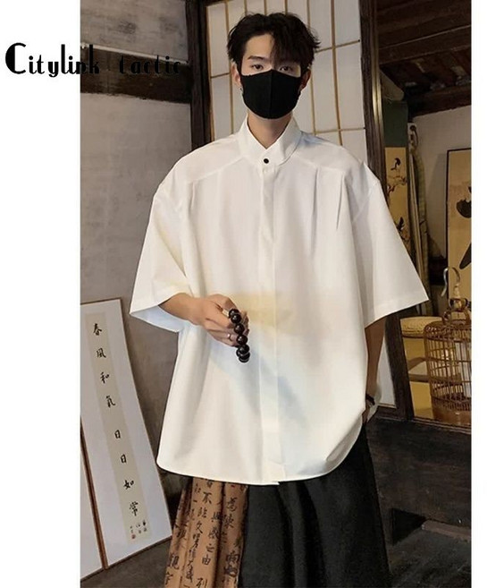 高級感新中式純色立領短袖襯衫男夏季寬鬆休閒襯衣