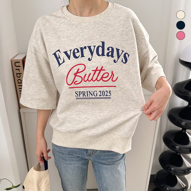 디테일웨어 여성 간절기 에브리데이 레터링 맨투맨 루즈핏 7부소매 티셔츠 고퀄리티 여자맨투맨 임부복 빅사이즈 데일리 티셔츠