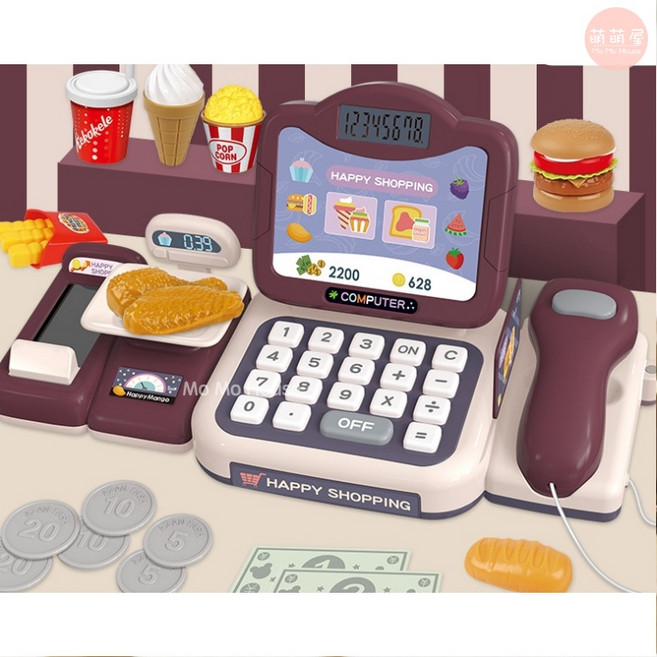 萌萌屋 Mo Mo House 兒童超市收銀機玩具，具備仿真刷卡與掃描功能，適合扮家家酒, 1個, 速食店漢堡收銀機玩具