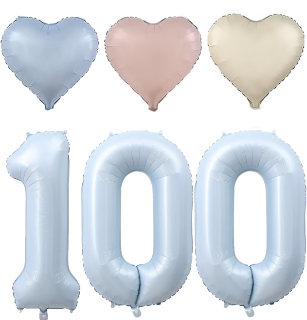 파파 파티 대형 하늘색 숫자 풍선 세트 기념일 생일, 1세트, 하늘 100 + 크림 하트 3p