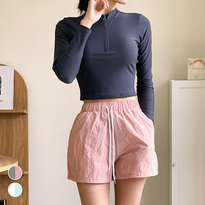 (3종세트/44~77사이즈) 오르웨인 슬림핏 반집업 여성 래쉬가드 세트 빅사이즈 비치웨어 수영복, 그레이+핑크