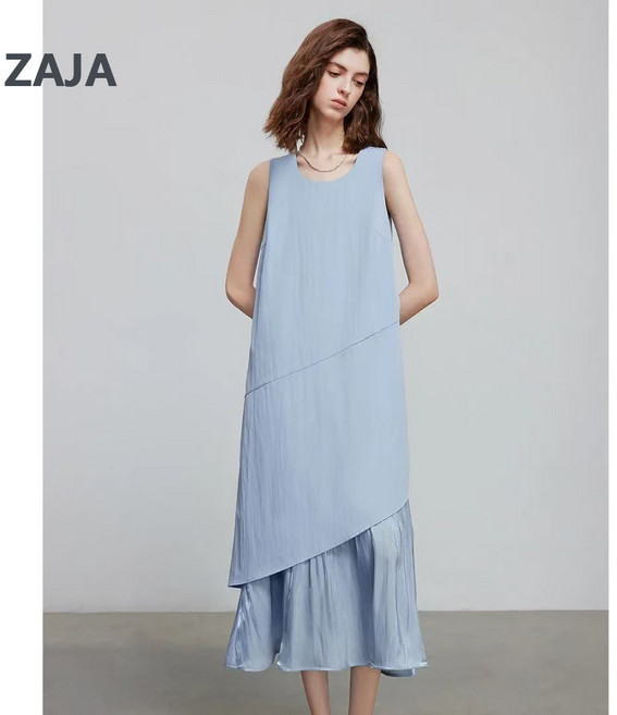 ZAJA 여성 여름 라운드넥 민소매 플레어 롱원피스 나시 휴양지 원피스