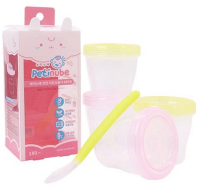 쁘띠누베 이유식 보관용기 180ml x 4p + 실리콘 스푼, 옐로우, 1세트