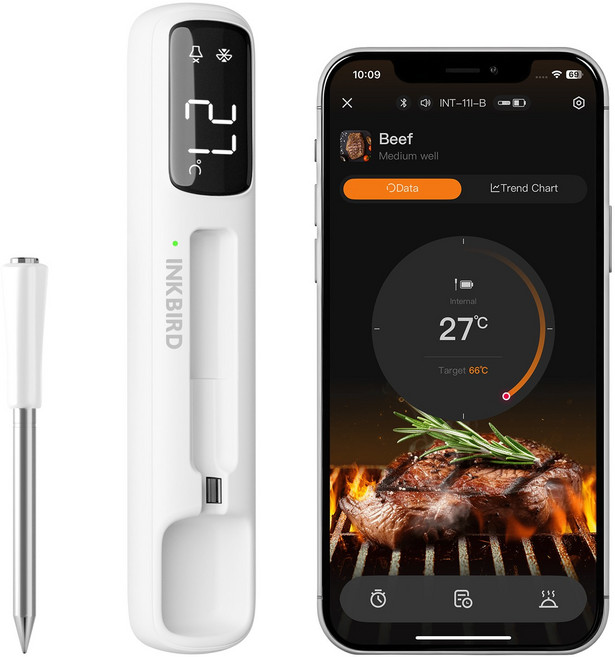 INKBIRD 실내외 블루투스 바베큐 온도계는 조리시간과 다양한 온도경보를 지원하며 500mAH 내장 리튬배터리 식품 조리 온도계 바비큐 그릴 오븐용, 1개