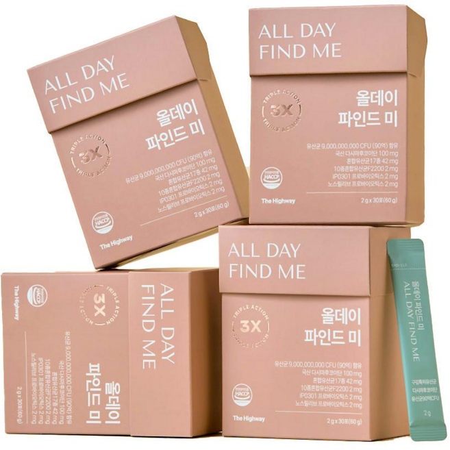 올데이파인드미 장 뇌 구강 특허 후코이단 노스릴리브 프로바이오틱스 유산균 30포, 60g, 4개