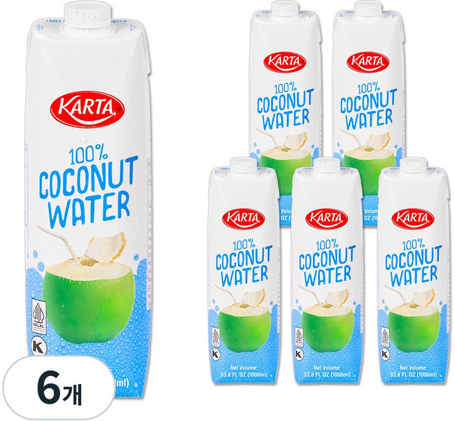 카르타 100% 천연 코코넛 워터, 6개, 1L