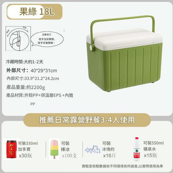 行森 3L 戶外保溫箱冷藏箱, 18L果綠標配[長效保冷48小時]送2個200ml新藍冰8冰袋, 200L