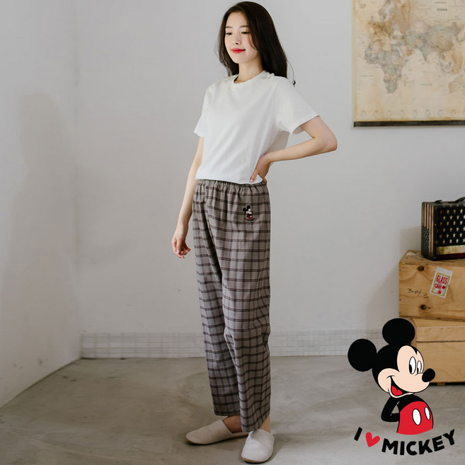 여자기모바지 디즈니 잠옷팬츠 노먼체크 미키마우스 원마일룩 실내복 팬츠 이지웨어