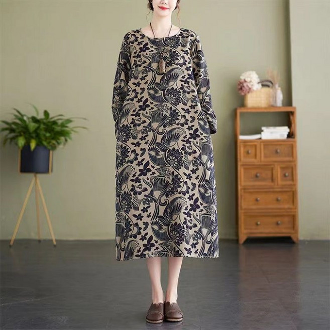 ORZQU 여성 루즈핏 빅사이즈 롱 A라인 스커트 중년 엄마 긴팔 프린트 원피스