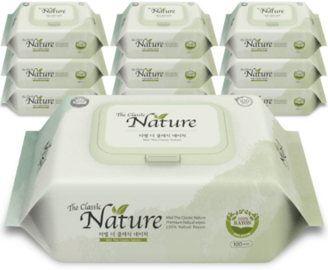 미엘 더 클래식 네이처 생분해인증 플라스틱 제로 저자극 레이온100% 엠보싱 100매 65평량 캡형 10팩, 1세트